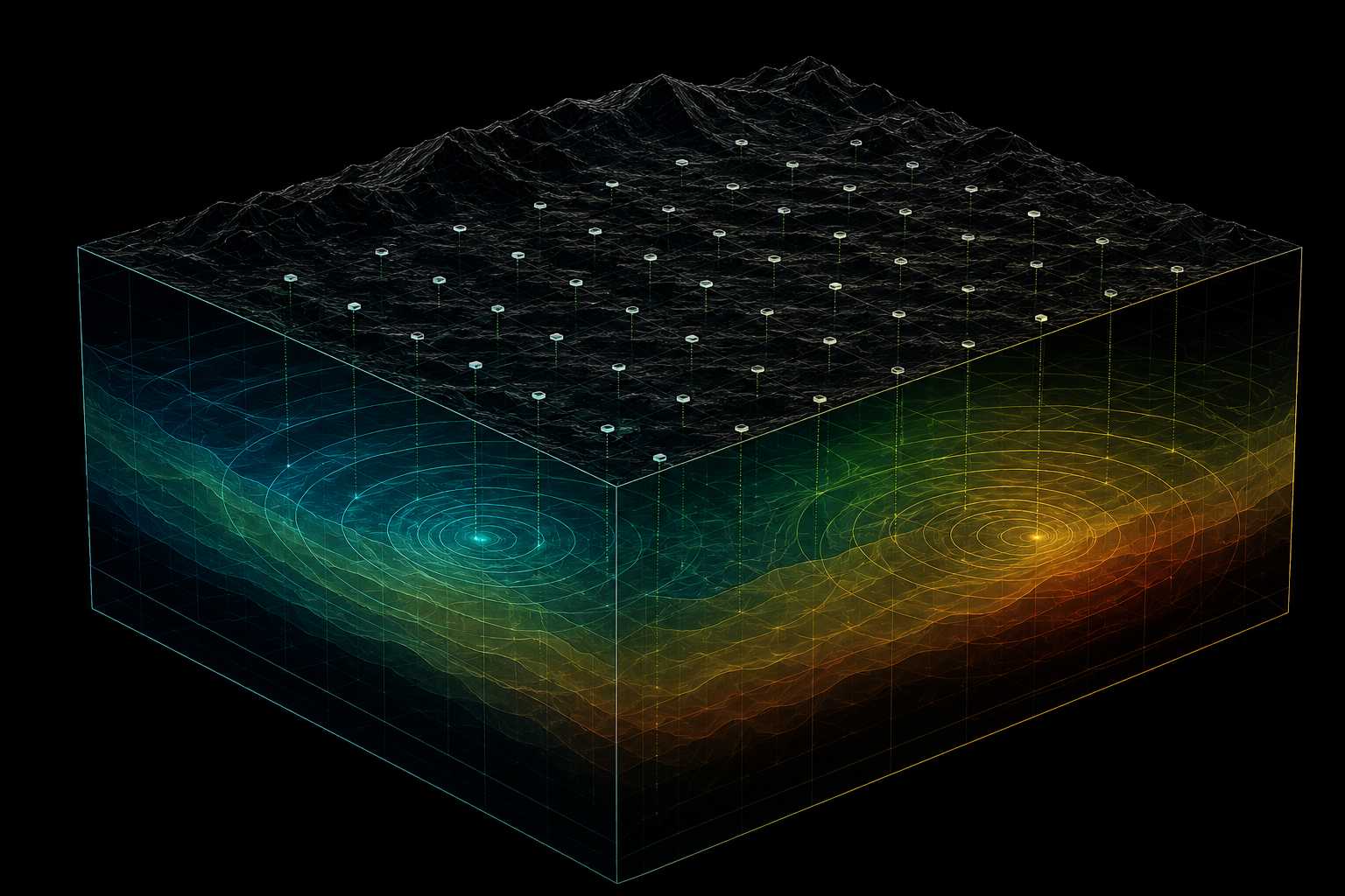 A 3D shear-wave velocity model reconstructed from a passive seismic array — surface sensor nodes resolving velocity structure from surface to basement