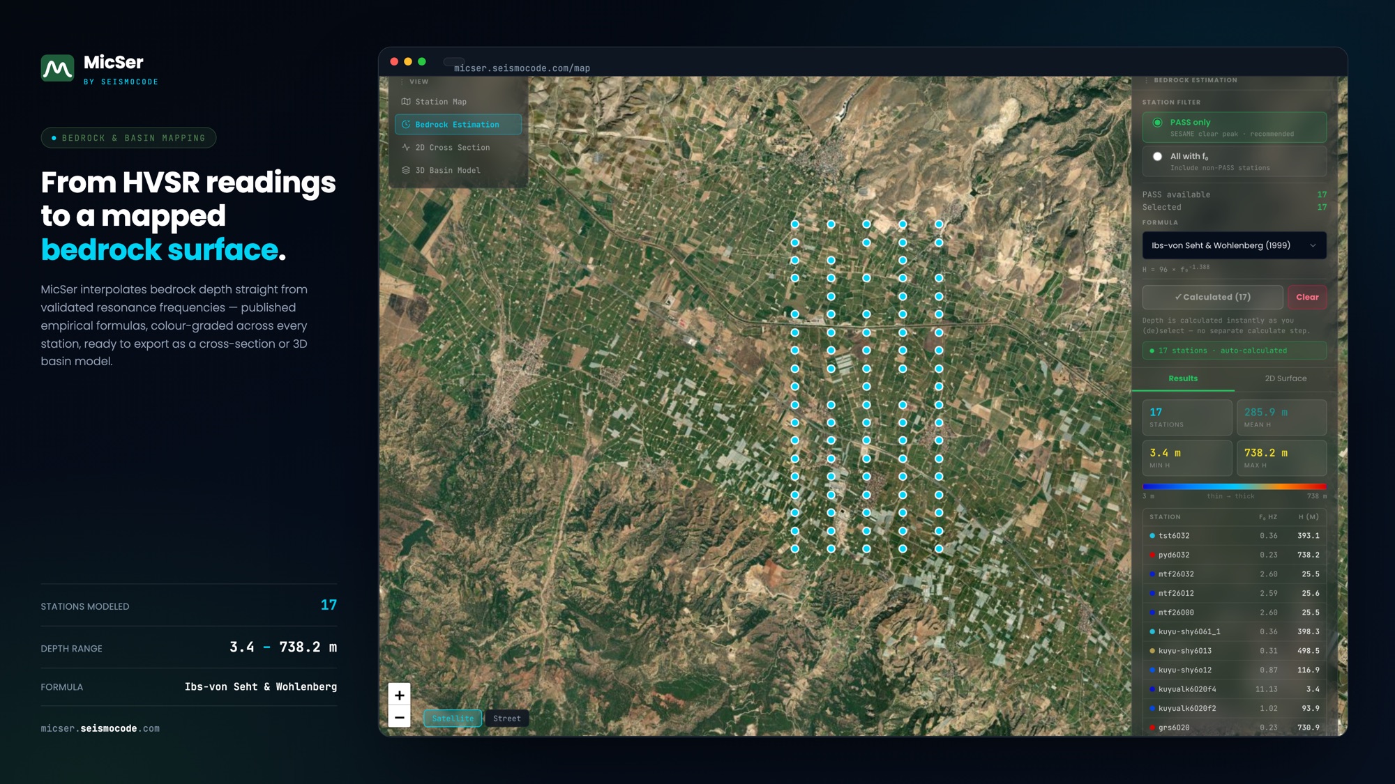 The MicSer application — a satellite map of HVSR survey stations with bedrock depth estimation, showing 17 modeled stations, a depth range of 3.4–738.2 m, and the Ibs-von Seht & Wohlenberg formula, computed in the browser